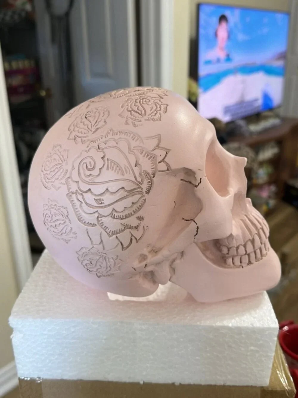 Ghoulish Decorative Pink Skull With Etched Floral Design - NIB